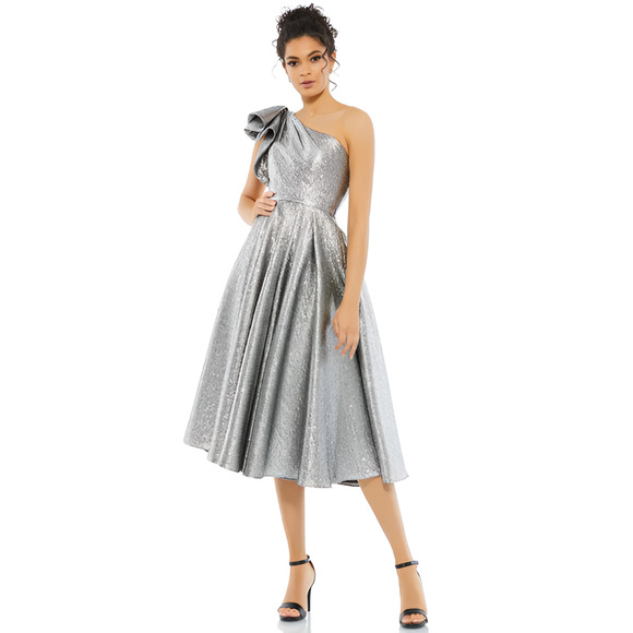 Mac Duggal Metallic Bow Ruffled One Shoulder Fit & Flare Midi Dress Silver Sz 8 - Picture 1 of 9